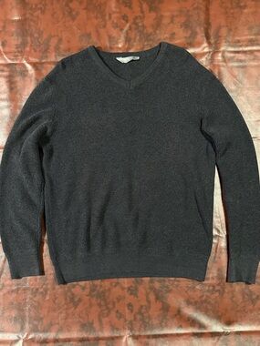 Denver Hayes 100% Cotton Waffle Knit Men's Dark Grey V-neck Sweater Large